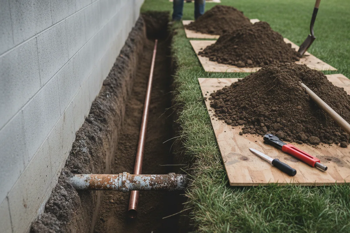Excavated water line trench during Water Softener Installation in Green
